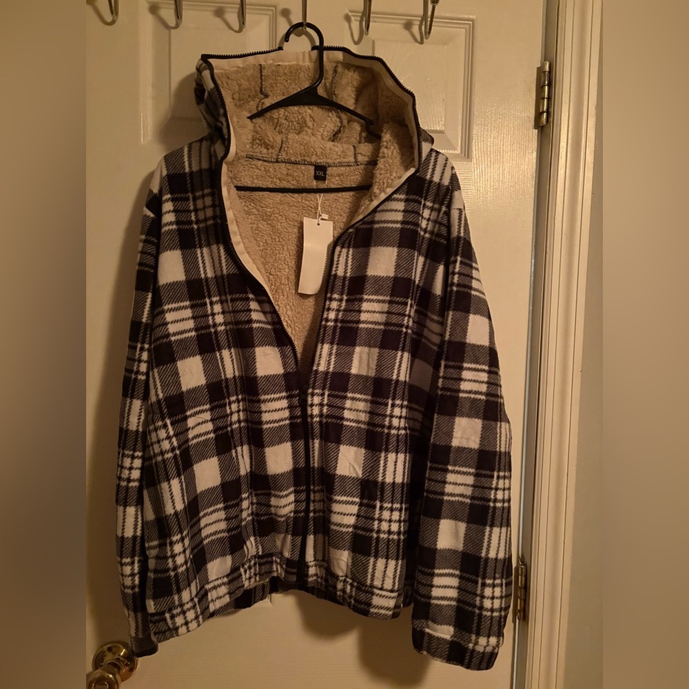 Cozy Plaid Unisex Teddy Zip Up  Jacket with Sherpa Lining Size XXL NWT